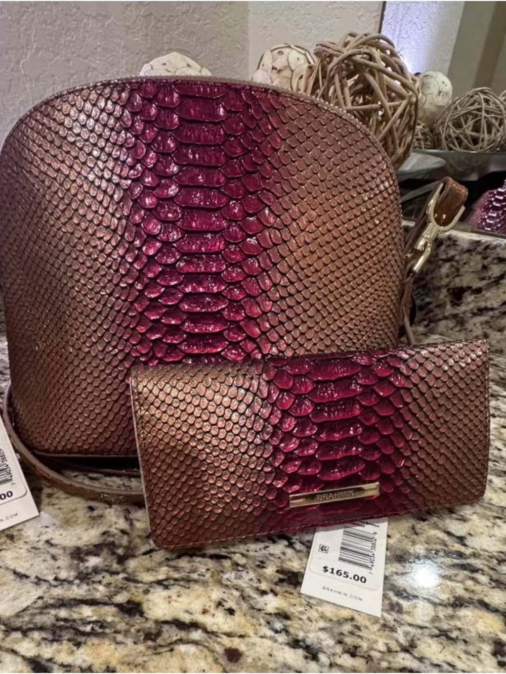 Brahmin Rose Metallic Python-Embossed Crossbody with Matching Wallet